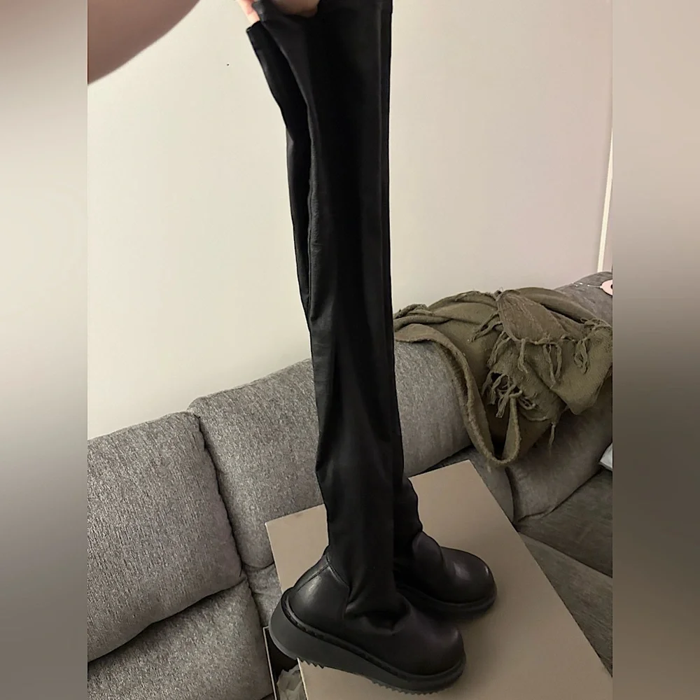 BNIB AUTHENTIC RICK OWENS BLACK LEATHER OVER THE KNEE BOOT - Picture 2 of 16
